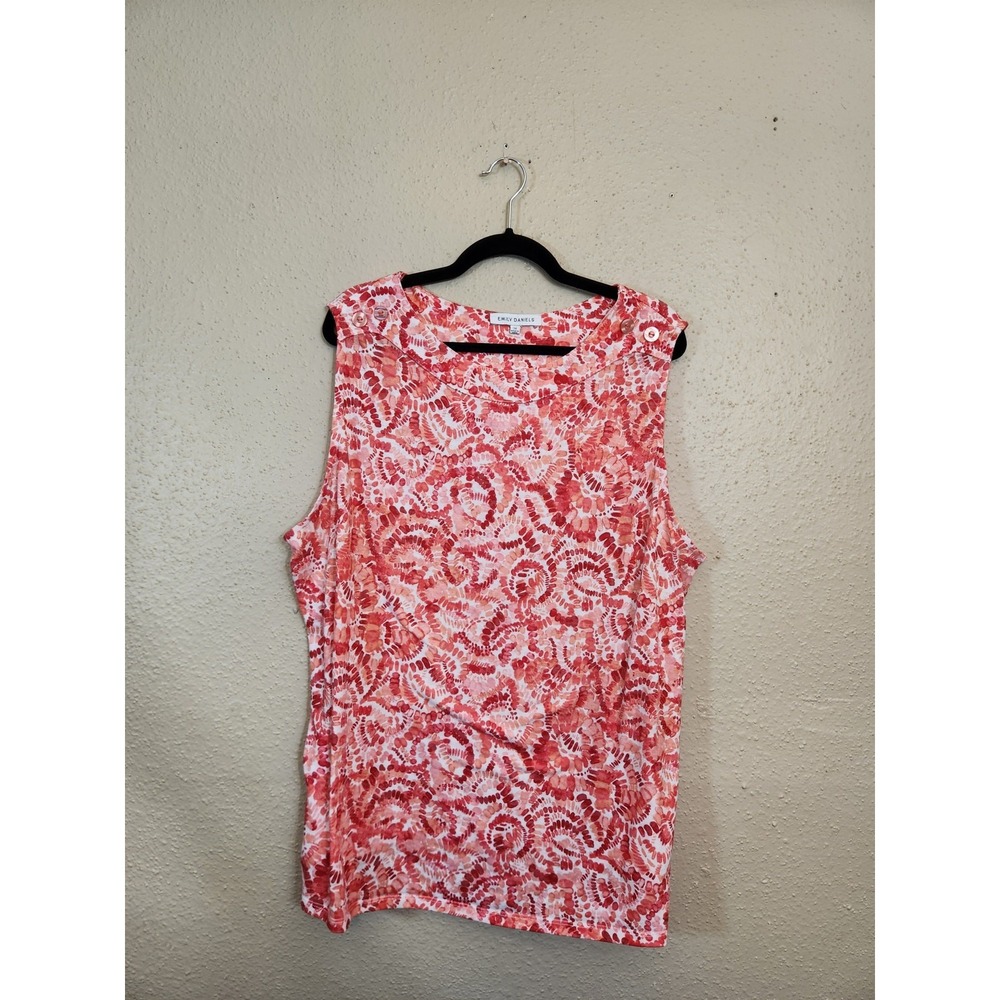 Emily Daniels Womens 3X Coral Abstract Swirl Tank Top Button Shoulder Sleeveless